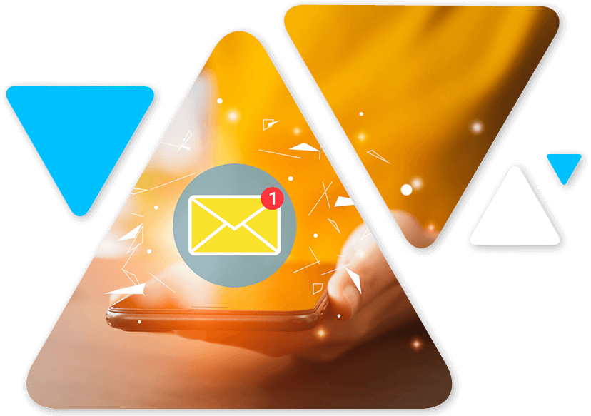 Smartphone displaying a glowing email icon with a notification badge, surrounded by abstract orange geometric shapes and lights.