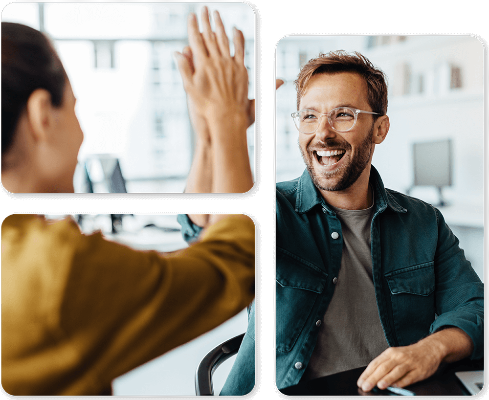 Three-panel collage of coworkers celebrating: two people high-fiving, a smiling man at a desk in the background.